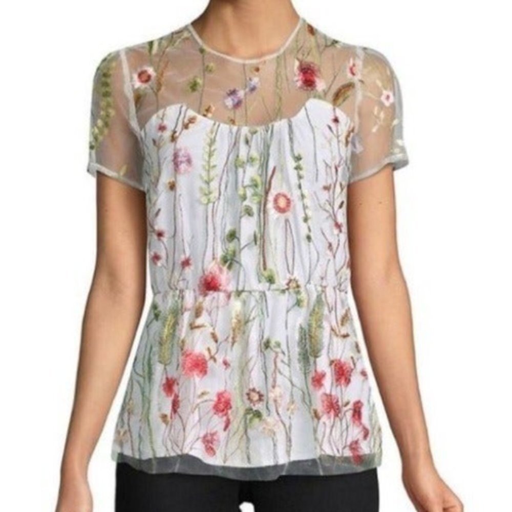 Walter Baker Sheer Floral Embroidered White Blouse